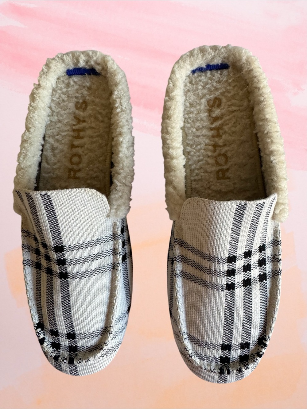 Rothy's Ladies Cream and Black Plaid Mule Slippers with Sherpa Lining